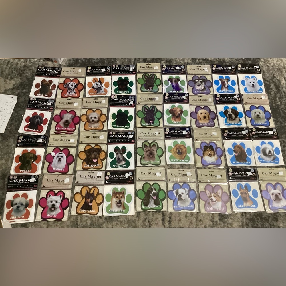 Dog Magnets - lots of breeds, paw shaped, 
5”x5” $8 per magnet, read more…